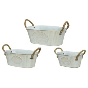 SET 3 VASI ZINCO OVALE C/MAN. CORDA 29X18 H11 CM bianco (Cod. 28250-01)