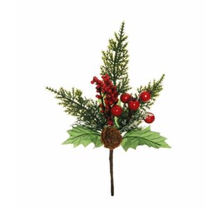 PICK 6 FOGLIA AGRIFOGLIO, BACCHE, CIPRESSO H26CM  (Cod. 34772-01)