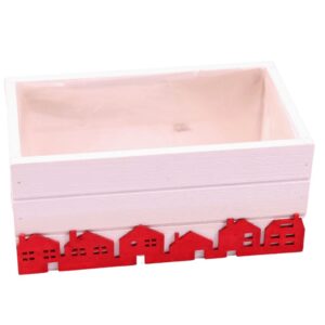 CASSETTA RETT. LEGNO C/CASE ROSSE 26X13 H12 CM  (Cod. 36155-01)