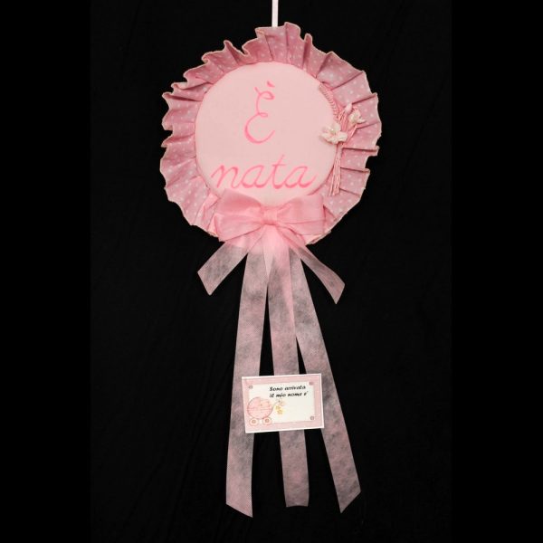 FIOCCO NASCITA ARTIGIANALE COCCARDA "E' NATO" rosa (Cod. 37655-02)