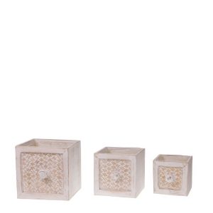 SET 3 PZ. CASSETTE QUAD DI LEGNO 18X18-15X15-12X12 CM bianco-slavato (Cod. 38453-01)