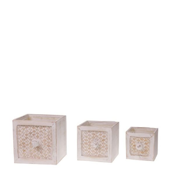 SET 3 PZ. CASSETTE QUAD DI LEGNO 18X18-15X15-12X12 CM bianco-slavato (Cod. 38453-01)