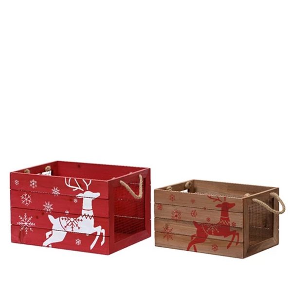 SET 2 PZ. SCATOLA LEGNO RENNE XMAS 40X30X25 CM  (Cod. 38475-01)