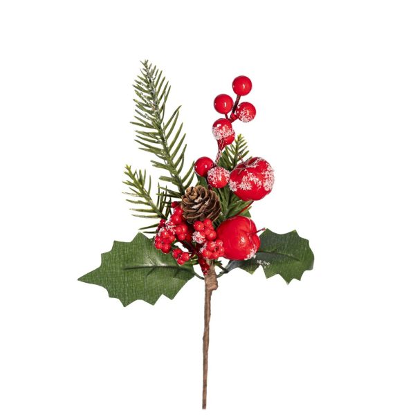 12 PZ. CHRISTMAS PICK MELE BACCHE E PIGNE 23 CM rosso (Cod. 38953-01)