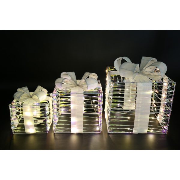 S/3 PACCHI REGALO IRIDESCENTI LED D24-D19-D14 CM BATTER.  (Cod. 38857-01)