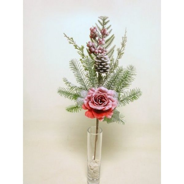RAMO ROSE CON PIGNE E BACCHE INNEVATO 63 CM rosso (Cod. 38887-01)