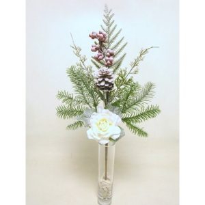 RAMO ROSE CON PIGNE E BACCHE INNEVATO 63 CM crema (Cod. 38887-02)