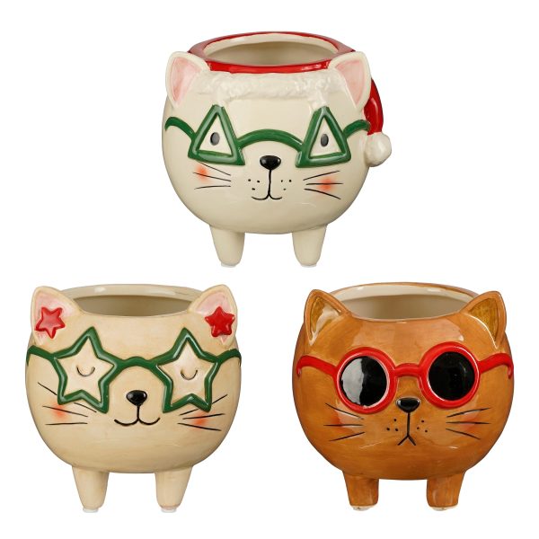 SET 3 PZ. VASO NATALIZIO FUNNY CAT 11,5X11,5 CM  (Cod. 39046-01)
