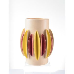 VASO TRENDY CON FOGLIE  H26,5 D20 CM giallo-fuxia (Cod. 39355-01)