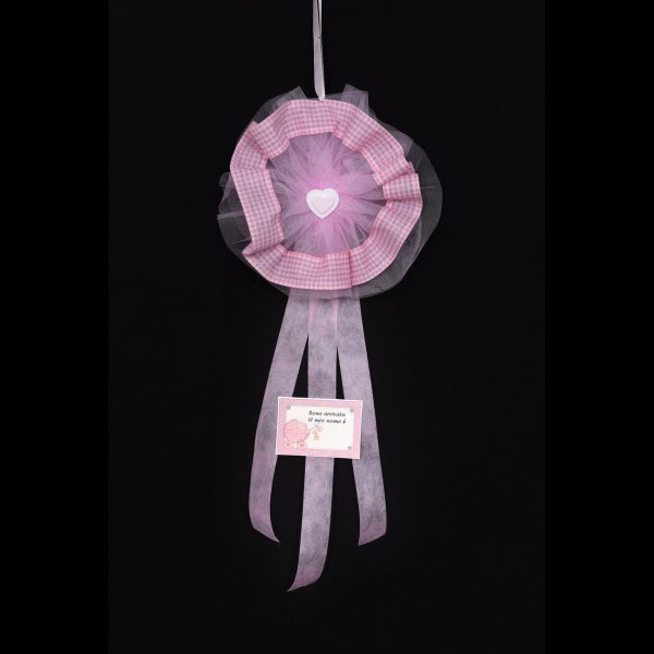 FIOCCO NASCITA ARTIGIANALE COCCARDA TULLE rosa (Cod. 37653-02)