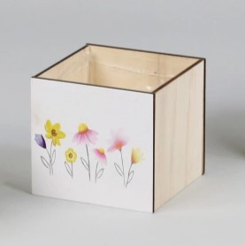 PORTAVASO LEGNO QUADRATO CON FIORI  PER VASO D12 CM  (Cod. 39625-01)