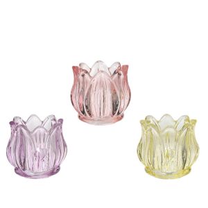 SET 3 PZ. PORTA TEALIGHT FLOWER IN VETRO H7,3 D7 CM  (Cod. 39430-01)