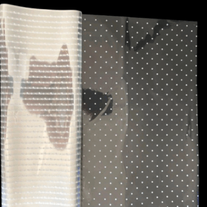 FOGLI CELLOPHANE TRASP. STAMPATO 30MY CM 100X130 50PZ pois-bianchi (Cod. 106-13)