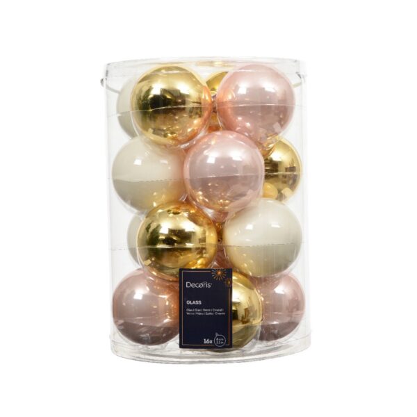 16 PZ. PALLINE DI NATALE VETRO D8 CM colori-misti---avorio-oro-rosa (Cod. 40259-01)