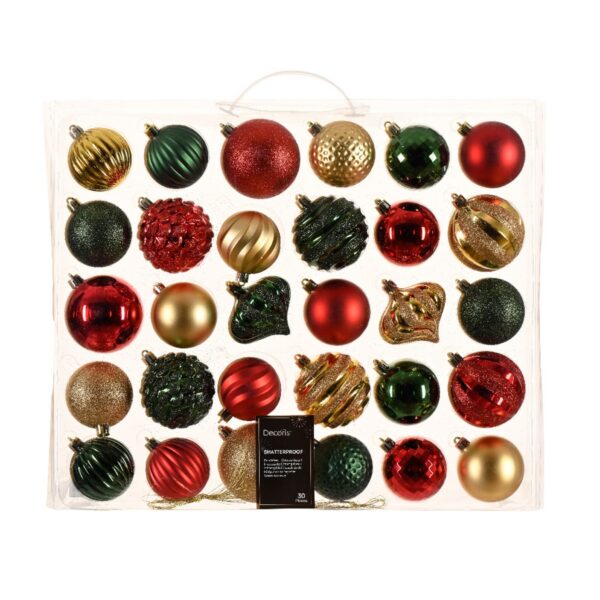 BOX 30 PZ. PALLINE MISTE D7 CM rosso-verde-oro (Cod. 38480-07)