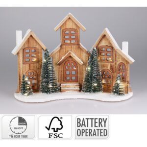 CASA DI LEGNO CON LED A BATTERIA TIMER 6 ORE 38X12X27 CM  (Cod. 40638-01)