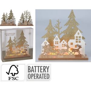 1 PZ. PAESAGGIO NATALIZIO IN LEGNO CON LED 19 CM assortito (Cod. 40672-01)