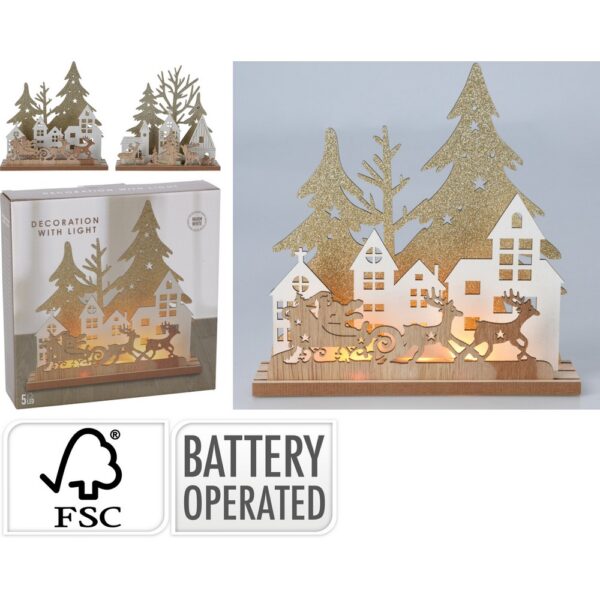1 PZ. PAESAGGIO NATALIZIO IN LEGNO CON LED 19 CM assortito (Cod. 40672-01)