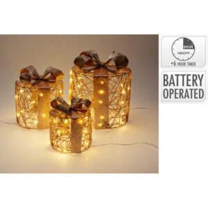 S/3 PACCHI REGALO TONDI CON LED TIMER 6 ORE champagne (Cod. 40654-01)