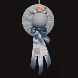 FIOCCO NASCITA COCCARDA IMBOTTITA CON BIGLIETTO azzurro (Cod. 42168-01)