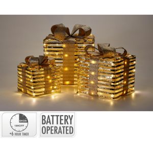 SET 3 PZ.  PACCHI REGALO LED CON BATTERIA E TIMER 6 ORE oro (Cod. 42762-01)
